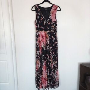 Alexa B Nites Black Floral V-Neck Maxi Dress‎ Beaded Waist Size 8